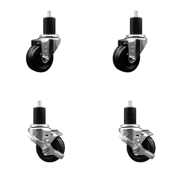 3'' Phenolic Wheel Swivel 1-3/4'' Expand Stem Caster Set 2 Brakes, 4PK